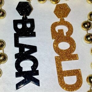 Black Gold Sparkly Glitter New Orleans Party Stud Dangling Statement Earrings